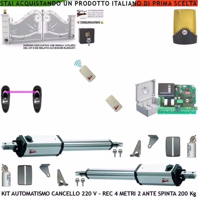 Cancello Elettrico 4 MT 2 Ante Kit 2 Motori 230 V Stelo Retrattile 2 Radiocomandi Fotocellule Faro Selettore Cartello Monitore Centrale Riprogrammabile Luce di Cortesia Apertura Condominiale Pedonale