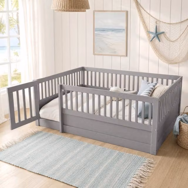 Letto per bambini 140x200 cm in legno con recinto e porta, grigio