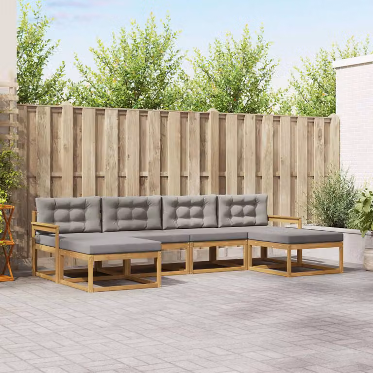 Set di divani da esterno vidaXL a forma di L composto da 6 pezzi in legno di acacia con cuscini, colori bianco, grigio e marrone