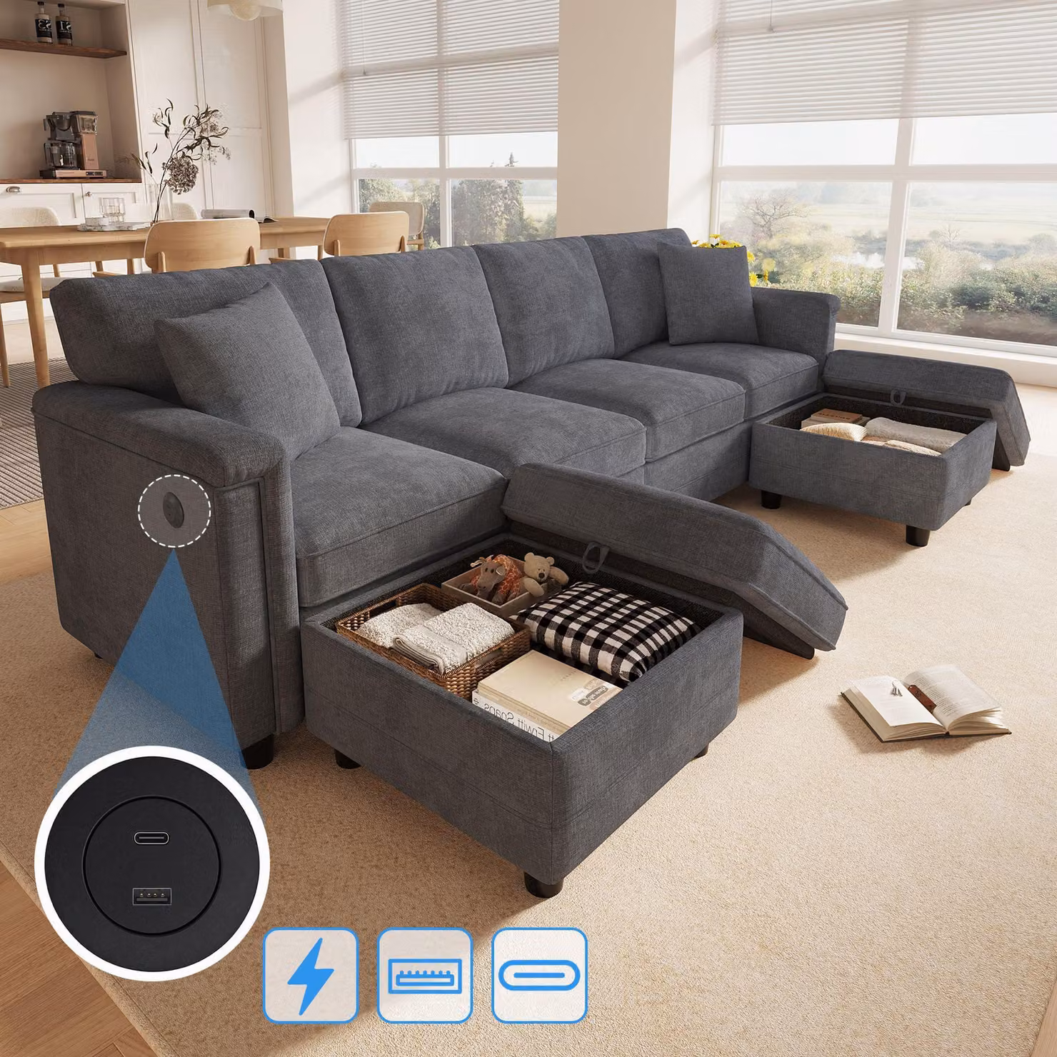 Divano angolare modulare Merax, divano a 4 posti con poggiapiedi contenitore, trasformabile in forma a L o a U, rivestito in velluto, con porta USB e Type-C, dimensioni 261×134×82 cm, colore grigio