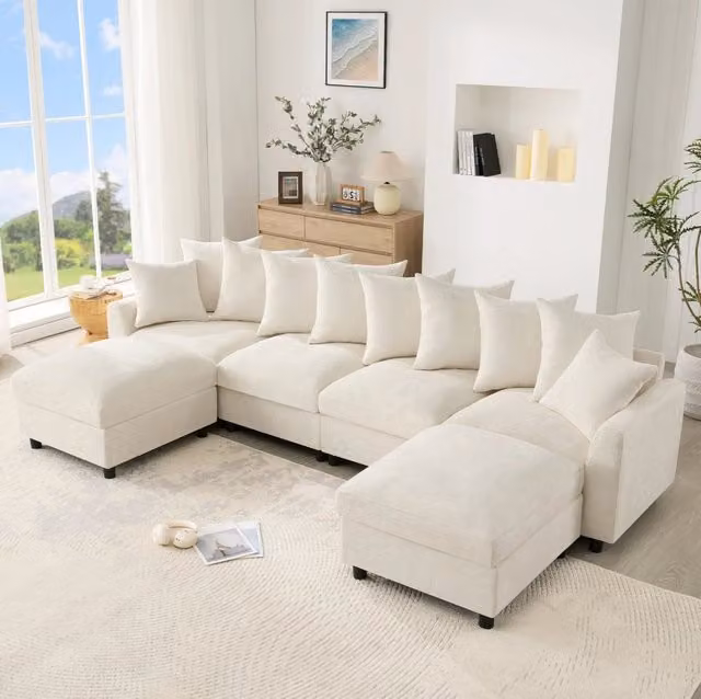 Divano angolare modulare 6 posti a U/L con 2 pouf; porte USB e Type-C; chenille beige HOMVRA