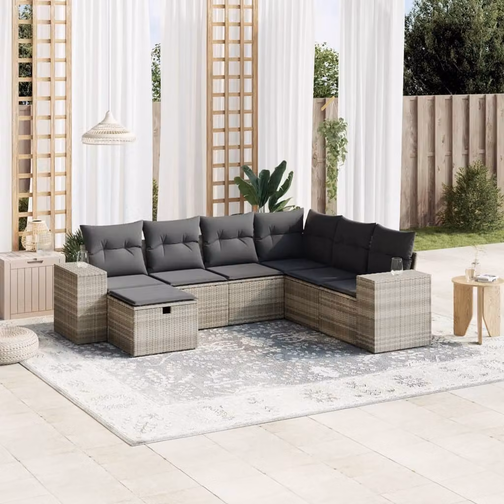vidaXL Set Divani da Giardino a L 7pz con Cuscini Grigio Chiaro in Polyrattan e Metallo – 1