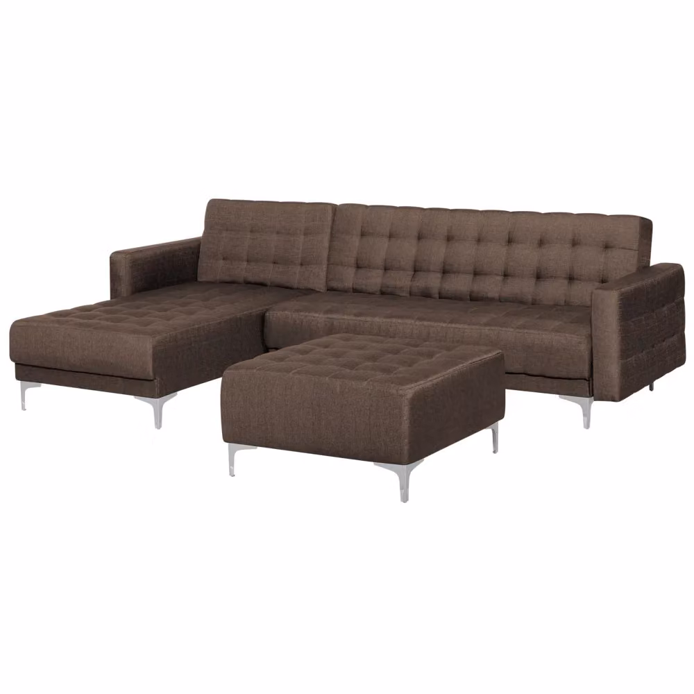 Divano letto angolare Beliani in tessuto marrone con chaise longue a destra, modello a L con funzione letto click-clack e poggiatesta regolabile, L 267 cm x P 168 cm x H 87 cm – 2