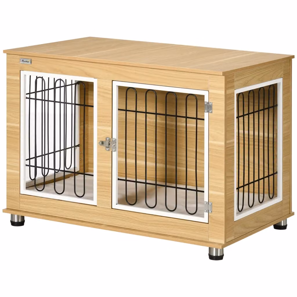 Gabbia per cani Minimal in acciaio effetto legno con cuscino amovibile, L 90 cm x P 58 cm x H 65 cm, colore nero e marrone – 2
