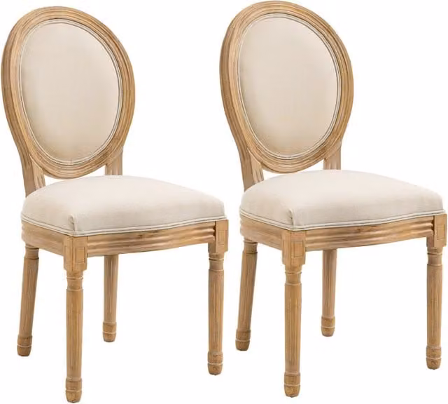 Set 2 Sedie Retrò Imbottite 49x56x96 cm in Legno e Tessuto Bianco Panna