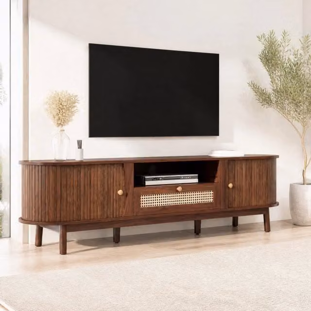 Mobile TV con ante scorrevoli e cassetti in rattan; 165x37x46 cm; MDF; noce