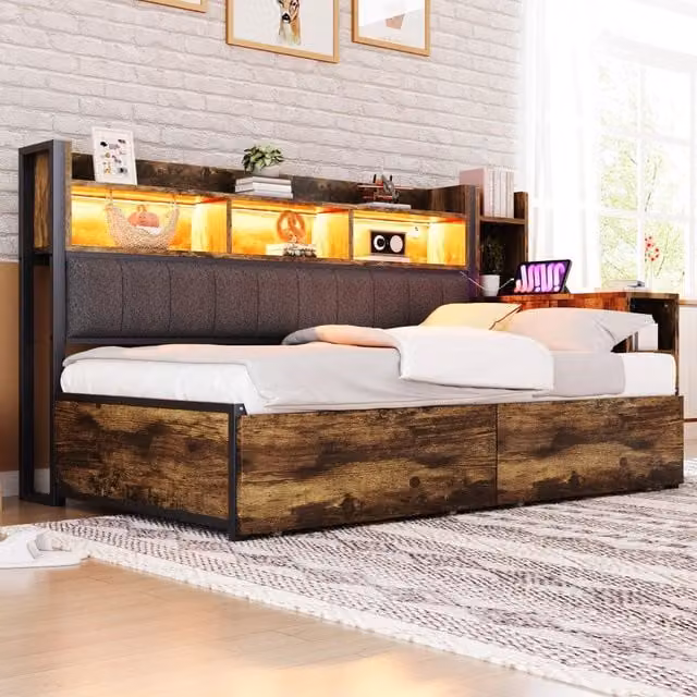 Letto singolo 90 × 200 cm con scrivania estraibile, 2 cassetti, prese integrate e ripiani, senza materasso
