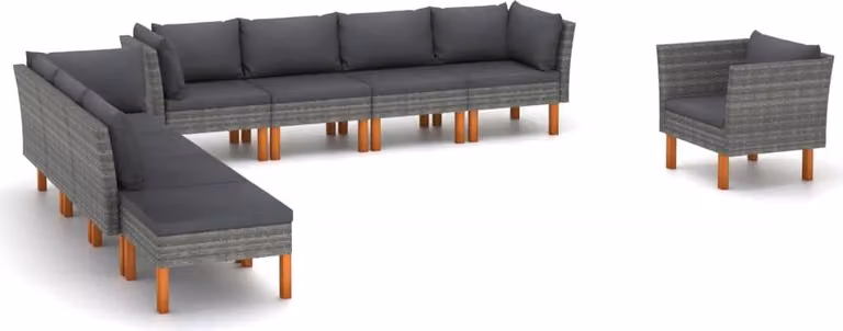 The Living Store Set 9 pezzi da giardino in rattan e legno di eucalipto grigio