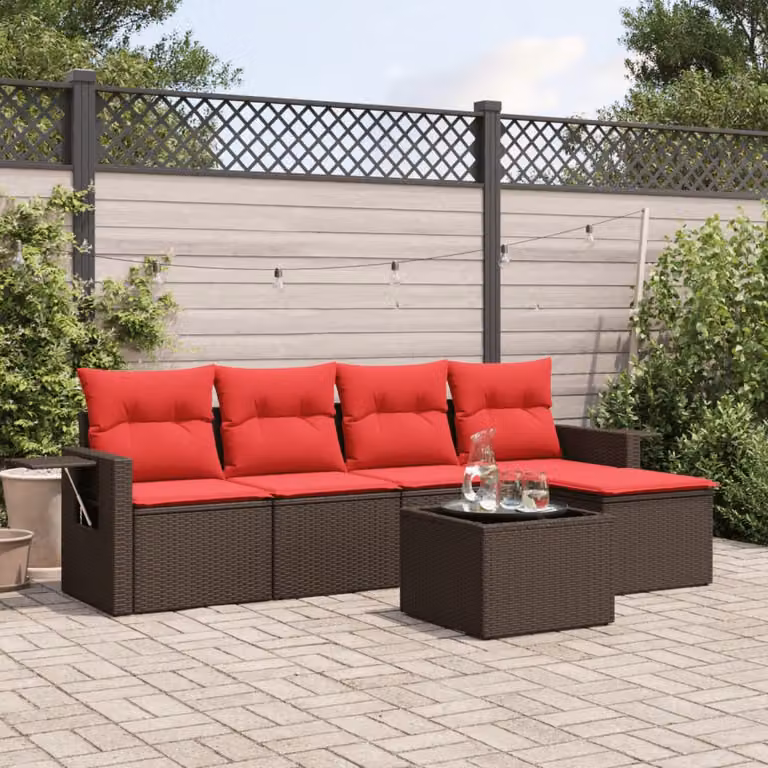 Set da giardino vidaXL in polyrattan marrone composto da 6 pezzi con cuscini, divano angolare, tavolino e pouf
