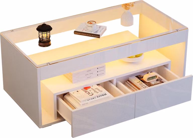 tavolino da caffè 100*50*40cm con luce LED, tavolo da divano rettangolare con 2 ampi cassetti, spazioso tavolo da soggiorno in vetro, design a doppio strato