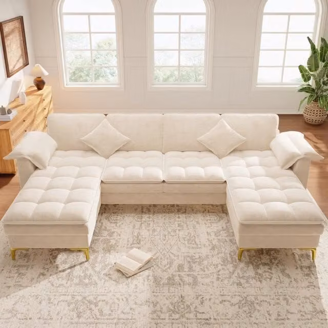 Divano angolare a U 262x134 cm beige in ciniglia con 2 chaise longue