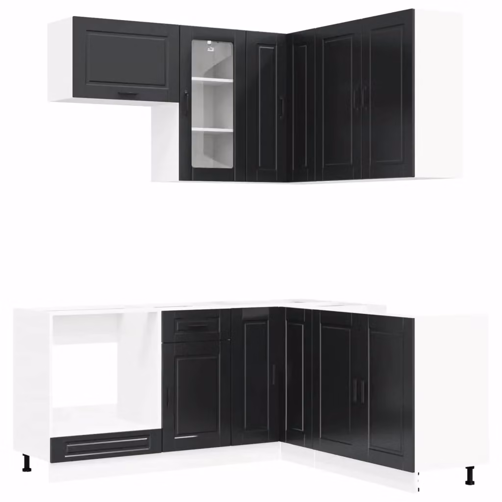 Unità cucina moderna vidaXL PORTO in legno MDF nero con ante in vetro e scaffali aperti 8 pz – 2