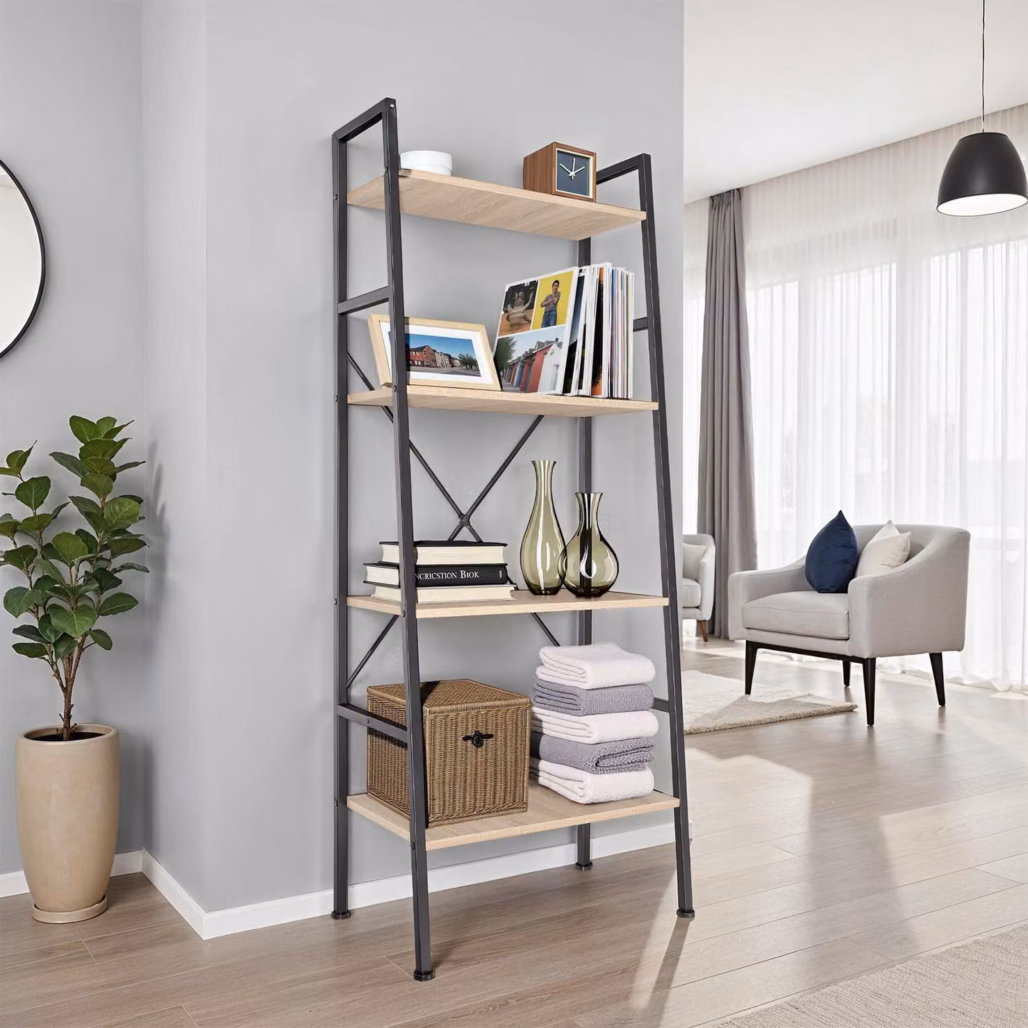 Scaffale a scala Liverpool Tectake in stile industriale, legno rovere Sonoma e metallo, marrone, H 150.0 x L 61.5 x P 36.5 cm – 3