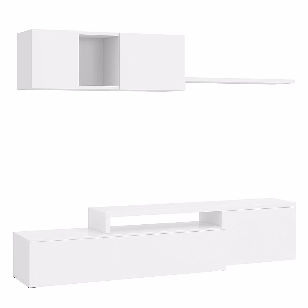 Parete Attrezzata Adelaide per Soggiorno e Sala da Pranere con Mobile TV e Mensola Pensile, Design Moderno Modulare Reversibile, Colore Bianco, L: 201 cm, P: 41 cm, H: 44 cm – 2