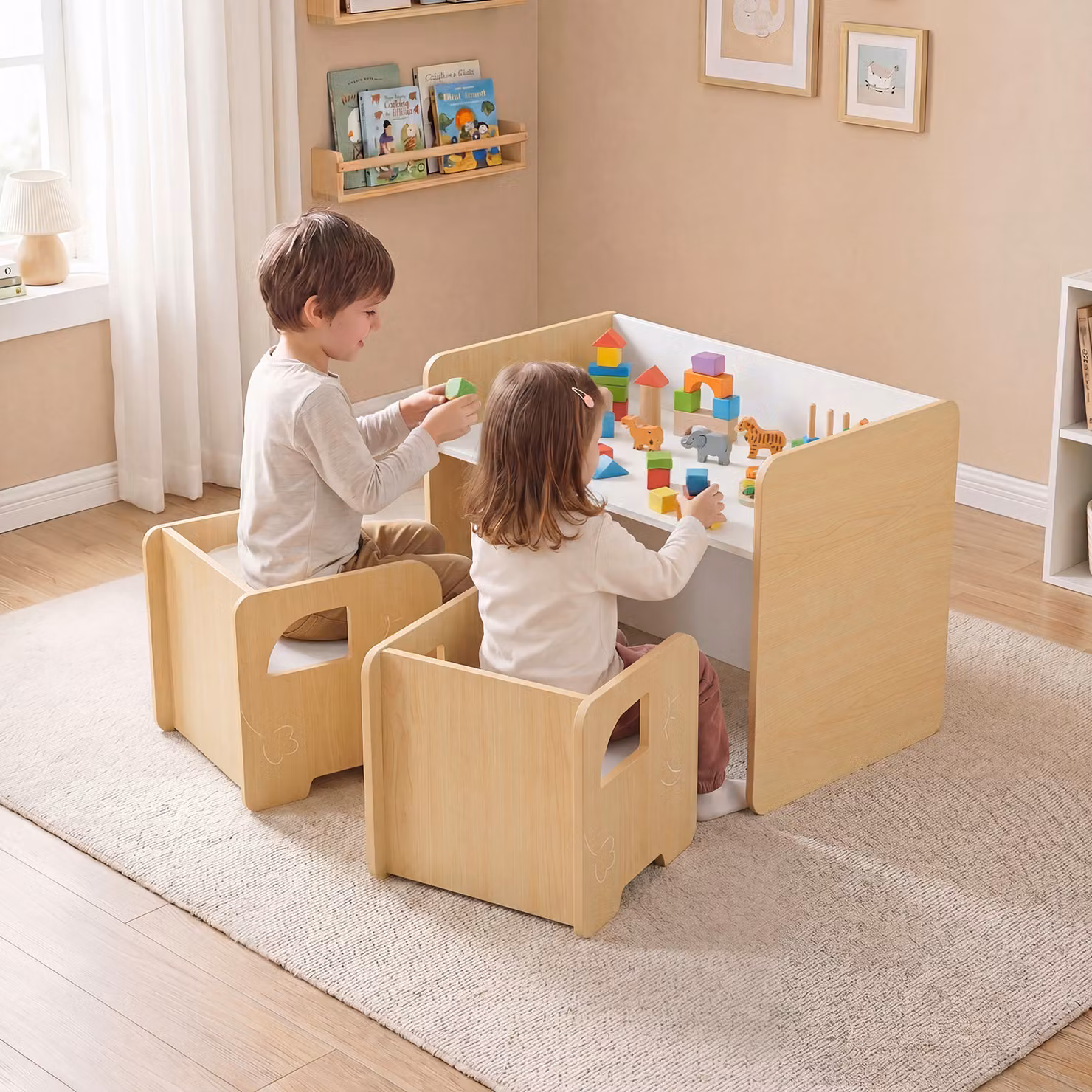 Set tavolo e 2 sedie multifunzionale Costway per bambini con lavagna reversibile e design salvaspazio in legno, Bianco e Multicolore