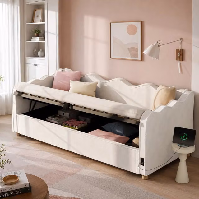 Letto imbottito WISHDOR con contenitore idraulico e porte USB, rivestimento in velluto beige, dimensioni 90 x 200 cm