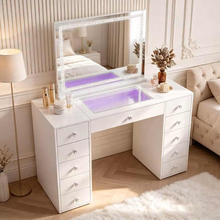 Tavolino da trucco VANITII con specchio, illuminazione LED, Bluetooth, 11 cassetti, bianco, 130 x 55 x 139 cm