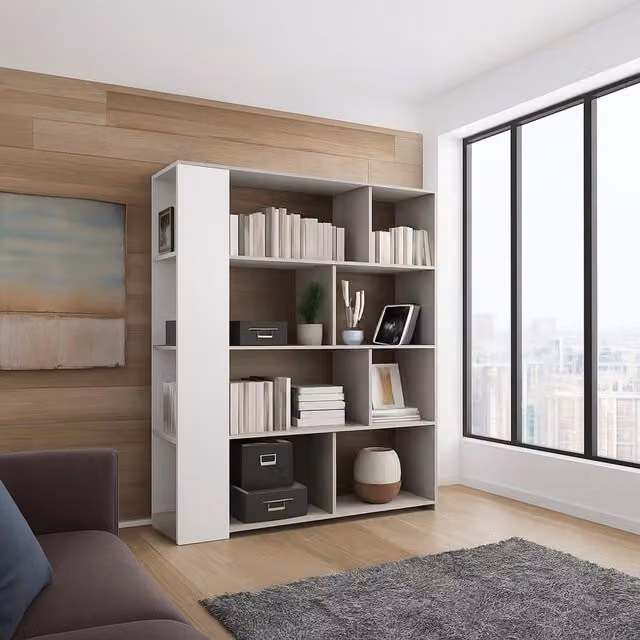Libreria DMORA Oro con 6 Ripiani, Design Moderno, Bianco e Grigio, L: 129 cm, P: 33 cm, H: 174 cm