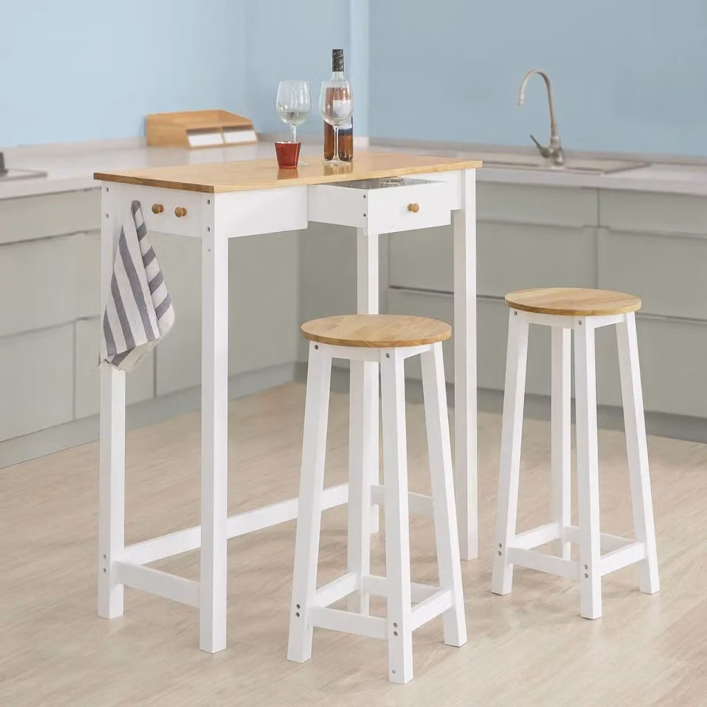 Set tavolo alto da bar con 2 sgabelli SOBUY per cucina, design moderno in legno e MDF, colore bianco e beige, L: 107 cm, P: 50 cm, H: 95 cm – 2