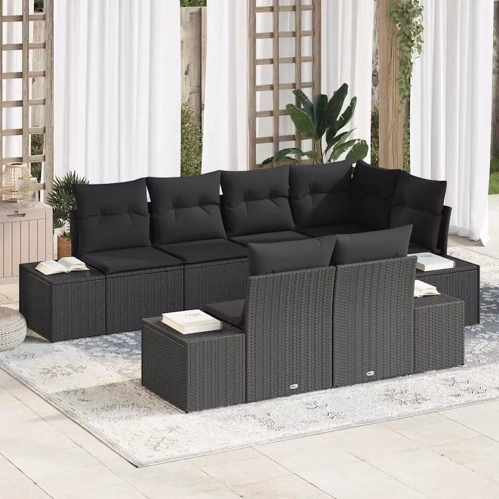 Set Divano da Giardino vidaXL 7 Pezzi Nero con Cuscini e Struttura in Metallo e Polyrattan – 1
