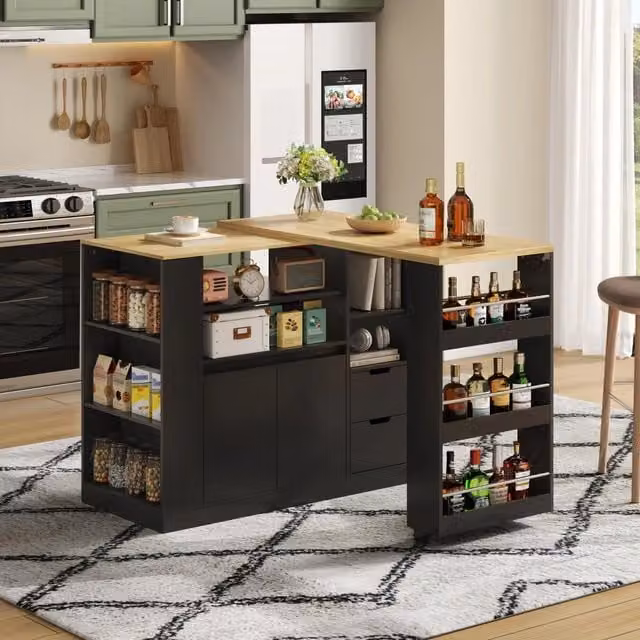 Isola da cucina con piano girevole ed estraibile; ripiani su 3 lati e 2 cassetti; nero e legno; 115x50x92 cm