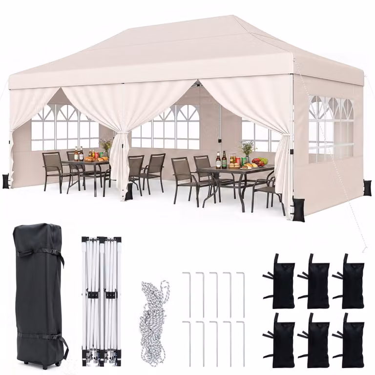 Gazebo pieghevole COSTWAY 3x6 m con 4 pareti laterali, gazebo da giardino regolabile in altezza, gazebo pop-up con 6 sacchi di sabbia e borsa con rotelle, gazebo per feste beige