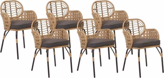 Set di 6 sedie in rattan con cuscino di seduta e poggia braccia naturale intrecciato interni ed esterni stile boho