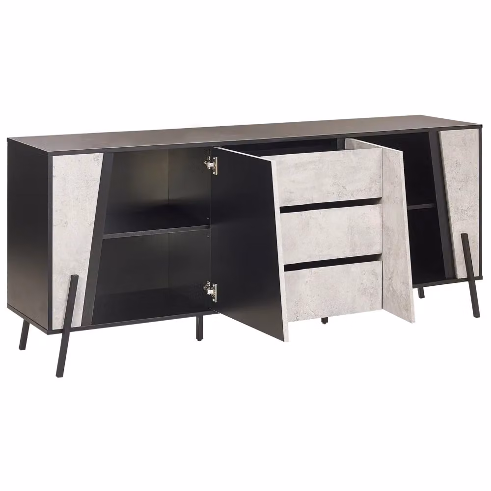 Madia credenza BELIANI in stile industriale con effetto cemento, 2 armadi e 3 cassetti, colore grigio e nero, L: 177 cm, H: 75 cm, P: 40 cm – 2
