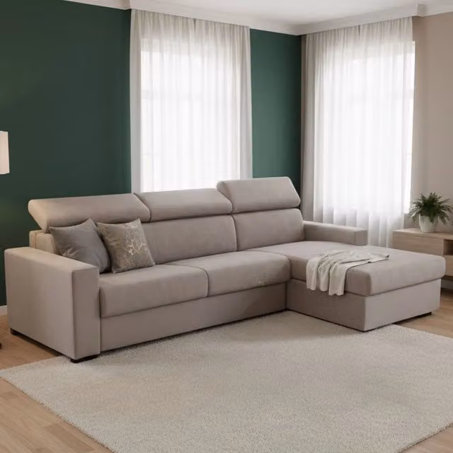 Divano Letto Allevatore Talamo Italia, Divano ad Angolo con Penisola Contenitore Destra e Apertura Girevole, Colore Beige, L: 280 cm, P: 95 cm, H: 85 cm