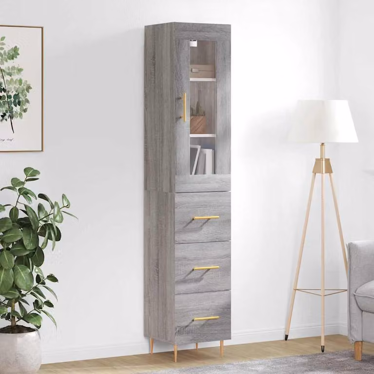 Credenza moderna vidaXL in legno e metallo, Grigio, L: 34,5 cm, P: 34 cm, H: 180 cm