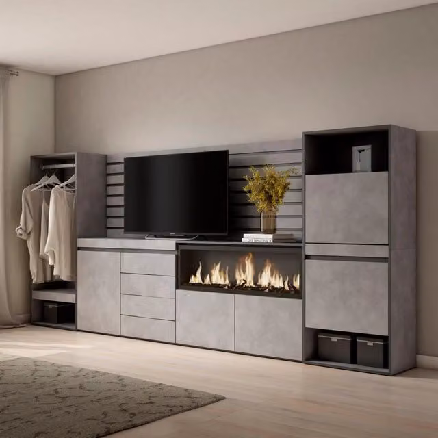 Credenza con Camino Elettrico XXL Skraut Home, Armadio Aperto e Cassettiera, Grigio Cemento, L: 334 cm, P: 35 cm, H: 145 cm