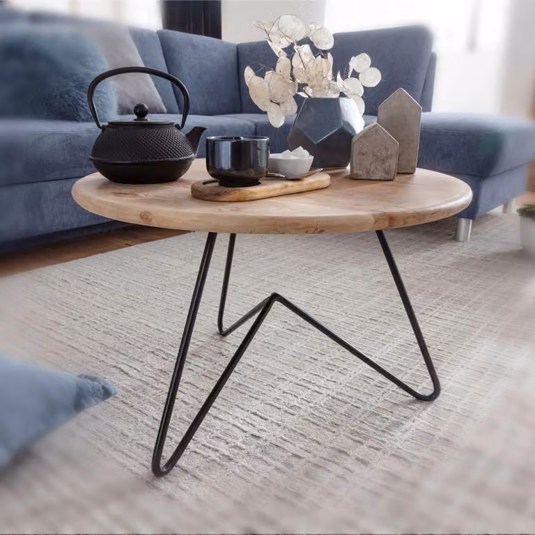 FineBuy Tavolino da caffè in legno massiccio di acacia rotondo 60 cm - Tavolino da salotto con struttura in metallo dal design moderno - Fatto a mano - Aspetto naturale e stile industriale