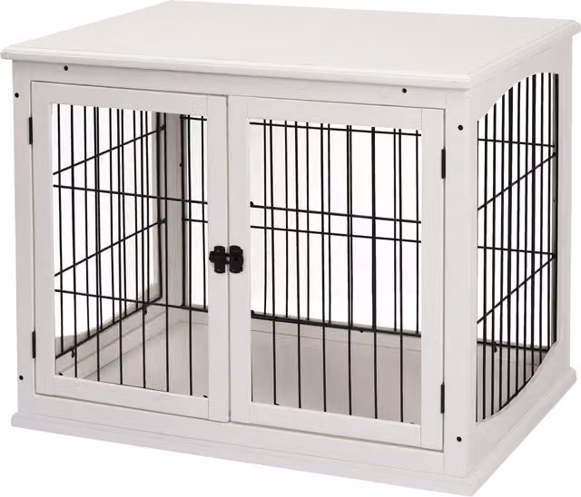 Casetta per cani da interno PawHut in legno e metallo con doppia porta, Bianco, L: 81 cm, P: 58,5 cm, H: 66 cm – 1