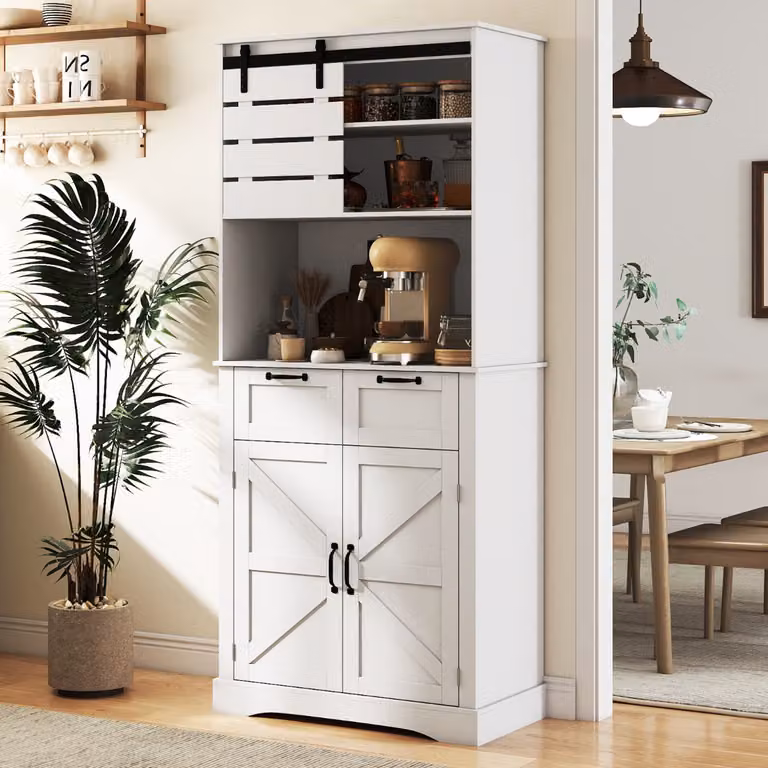 Costway Mobile dispensa da cucina bianco con ante e presa di corrente, armadio alto moderno con ripiani interni e supporto per microonde