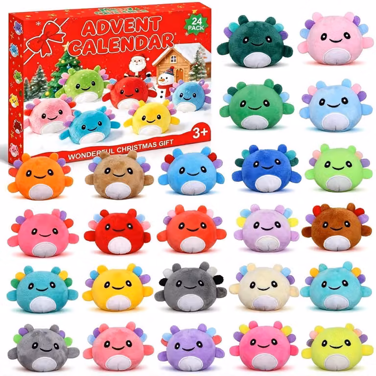 Calendario dell'Avvento 2026 con 24 mini peluche a forma di axolotl, altezza 6,5 cm, di vari colori