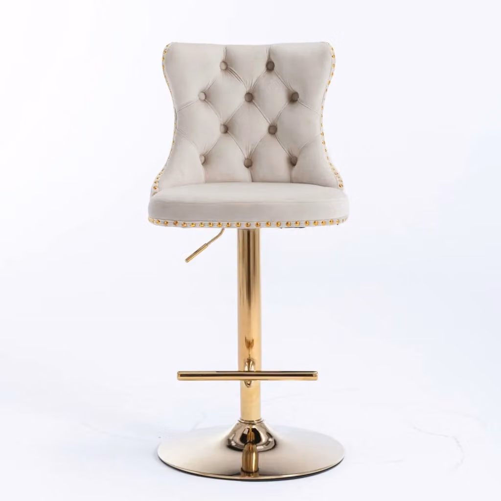 Set di sgabelli da bar girevoli Minimal in velluto beige con base oro e altezza regolabile 63,5-83,8 cm – 2