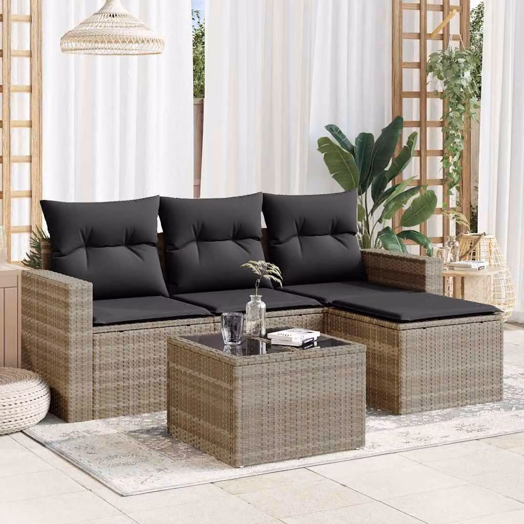 vidaXL Set Divano da Giardino 5pz a Forma di L in Polyrattan Grigio con Cuscini e Tavolino – 1