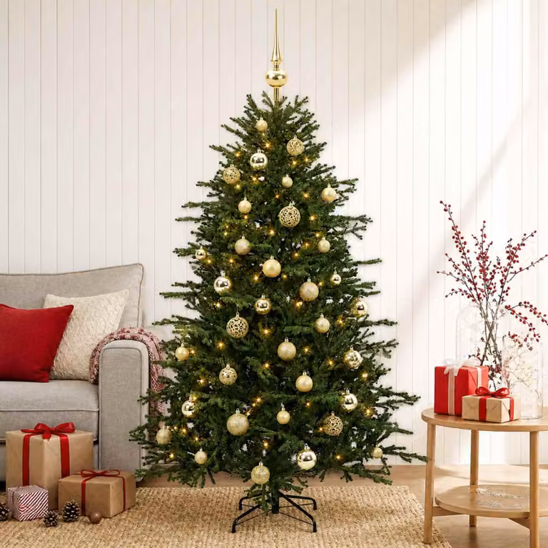 Albero di Natale artificiale con decorazioni natalizie, altezza 150 cm, 150 luci LED
