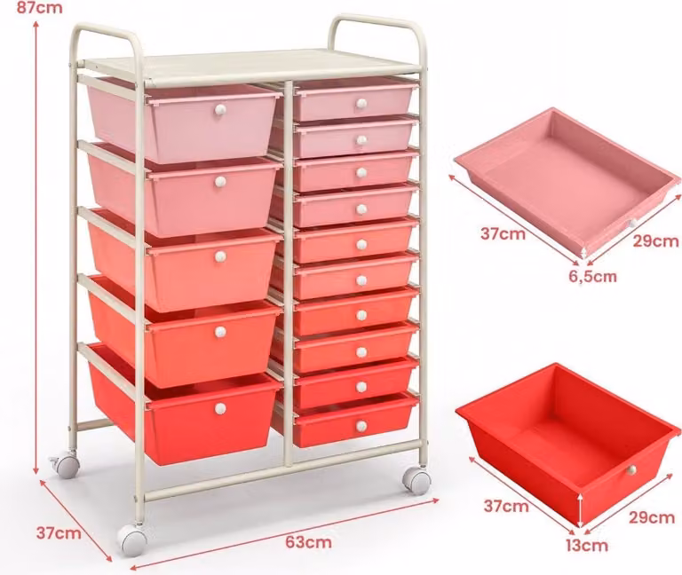 Carrello portaoggetti con ruote e 15 cassetti, rosa, 63x37x87 cm