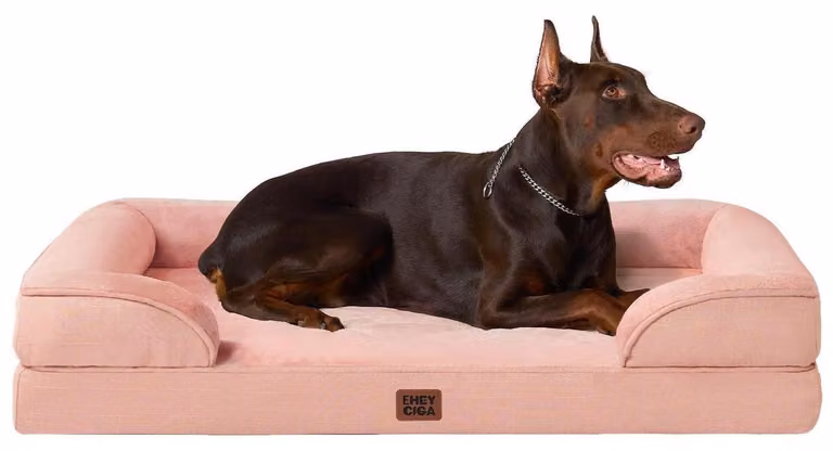 Cuccia ortopedica per cani di grandi dimensioni, rosa, con supporti per il collo e fondo impermeabile, dimensioni 122x89 cm