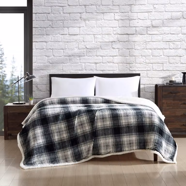Coperta in pile di alta qualità, matrimoniale, 90x108 pollici, motivo a quadri, colore grigio