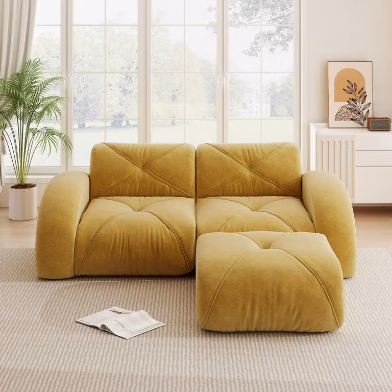Divano modulare a due posti con poggiapiedi, divano giallo per soggiorno realizzato in tessuto di chenille resistente agli animali domestici, design senza struttura, dimensioni 204x171x76 cm