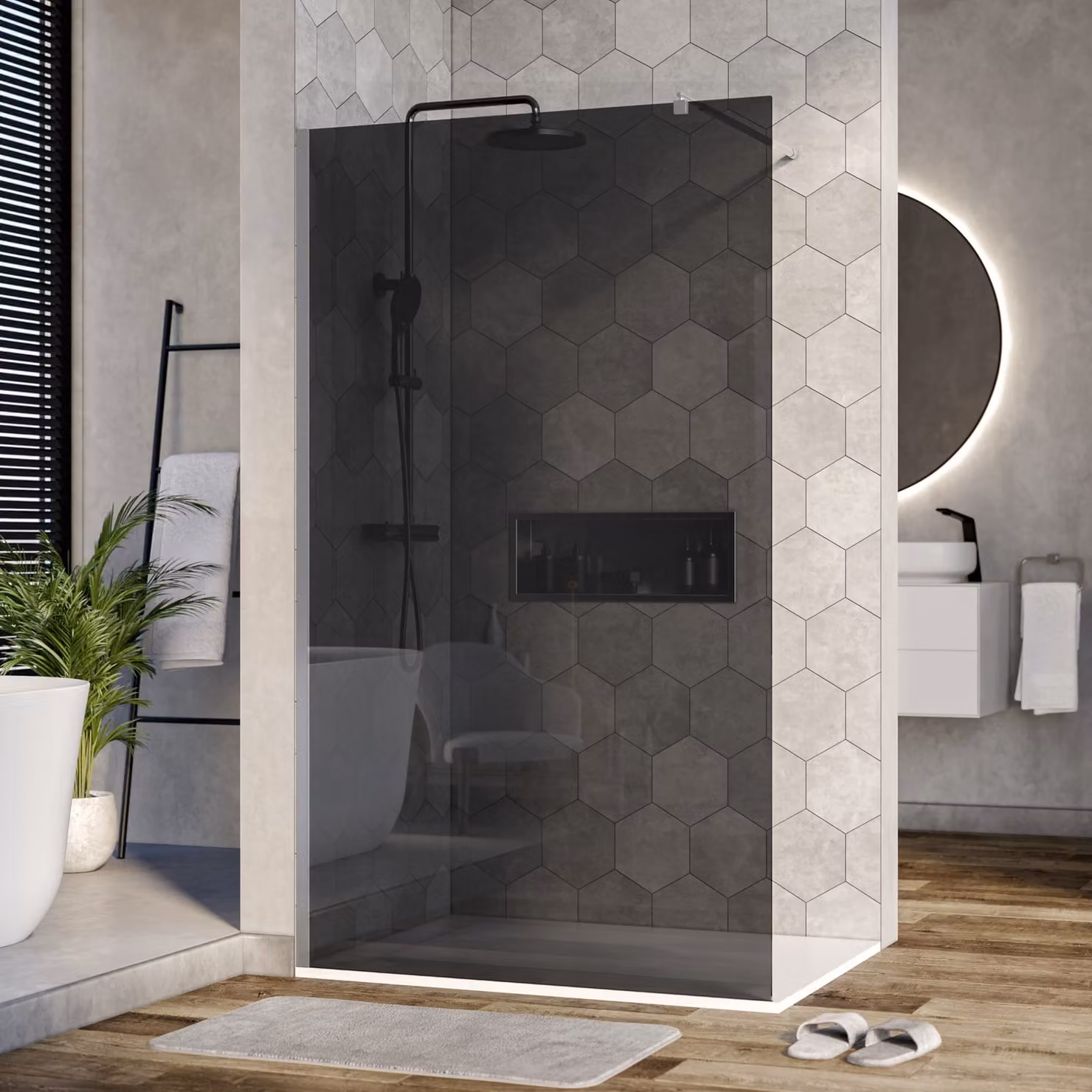 Cabina doccia Walk-In Nano real glass EX101 - Vetro grigio - 10 mm - Profilo a parete cromato - Larghezza selezionabile, Larghezza Walk-In:1200mm