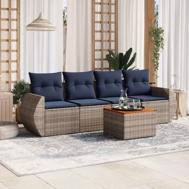 Set da giardino vidaXL composto da 5 pezzi in polyrattan con cuscini grigi e blu e tavolino coordinato