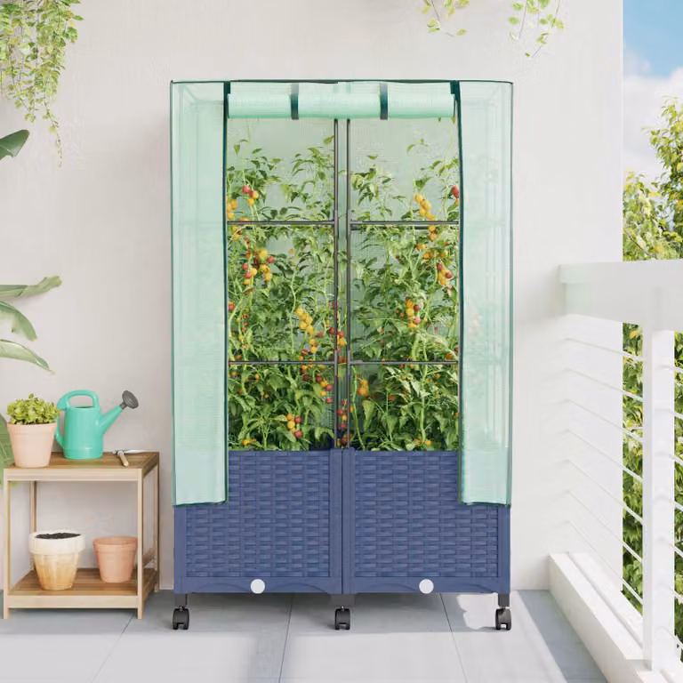 Set di 2 vasi da giardino con copertura per serra vidaXL in plastica, colori blu e grigio