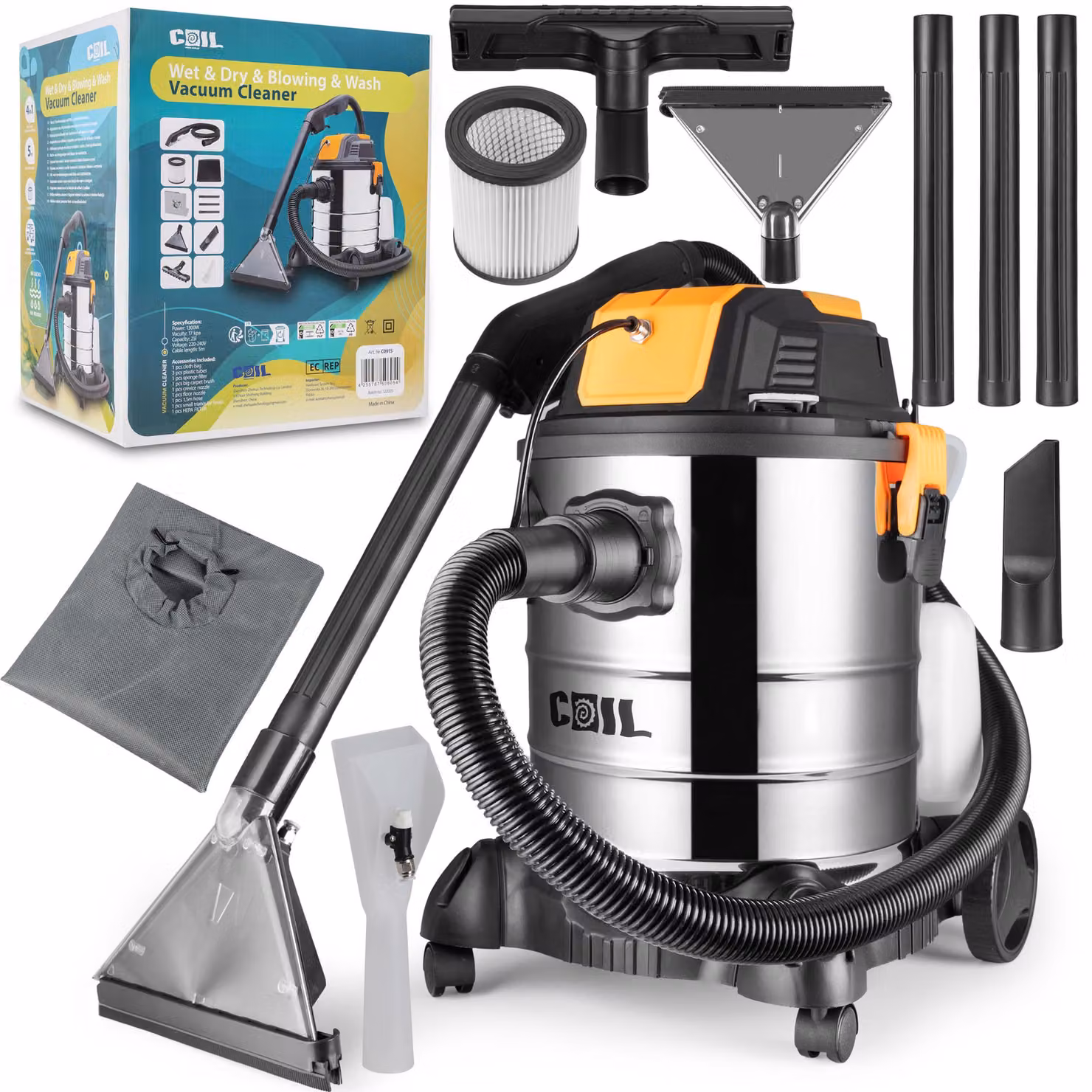 Aspirapolvere COIL per liquidi e solidi, aspirapolvere lavante, 4 in 1, pulitore per tappeti, 19 kPa, serbatoio dell'acqua da 5 L, 1300 W, senza sacchetto, con funzione di spruzzatura e soffiaggio, 25 L, filtro HEPA