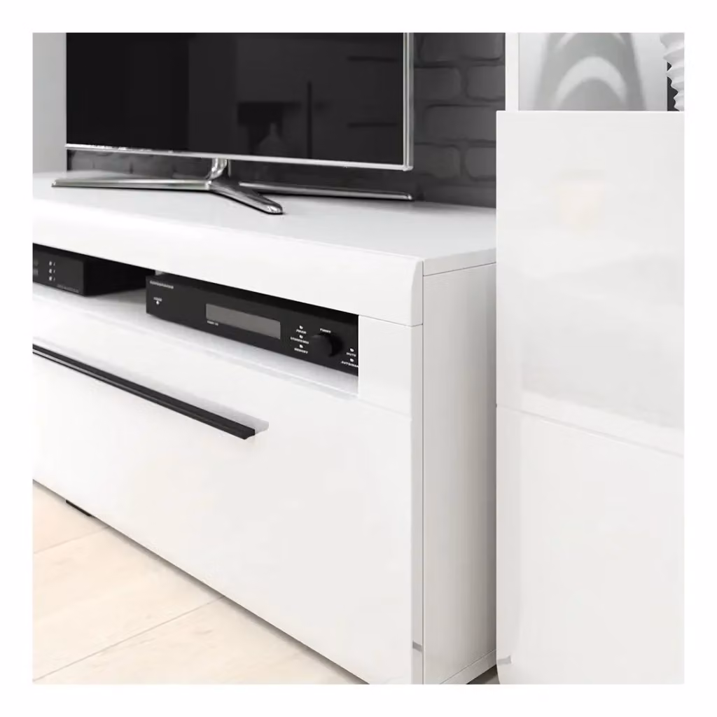 Mobile TV Breda Meublorama in stile design, colore bianco opaco e lucido, L: 140 cm, P: 49,6 cm, H: 52,4 cm – 2