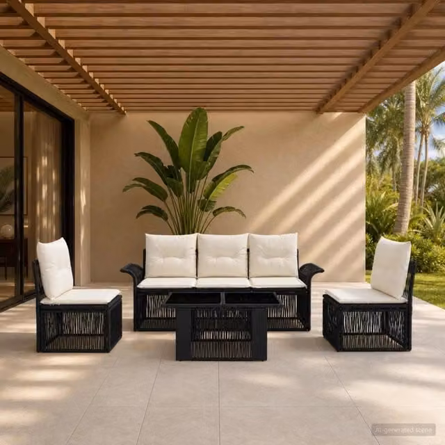 Set Divano da Giardino 6 pz Nero e Bianco Crema polyrattan 3436615