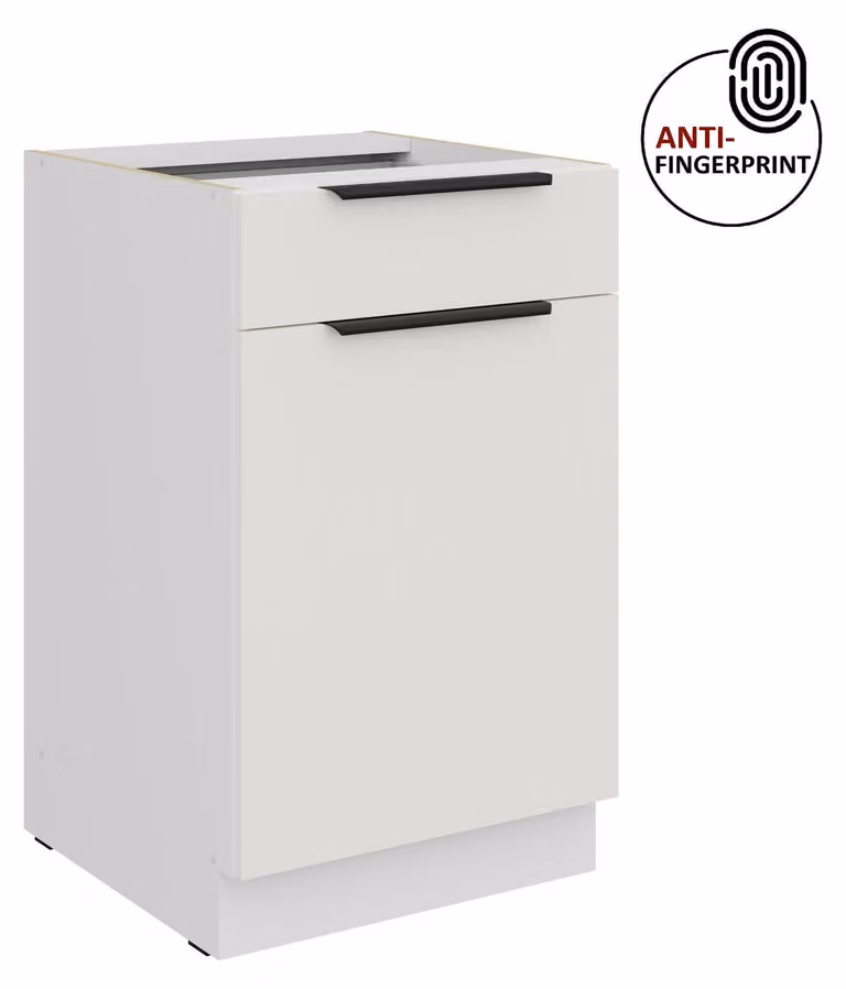Mobile base da cucina da 50 cm, cucina ARIA bianco ultra opaco + bianco opaco, frontali di alta qualità con rivestimento anti-impronta, cucina a incasso, blocco cucina