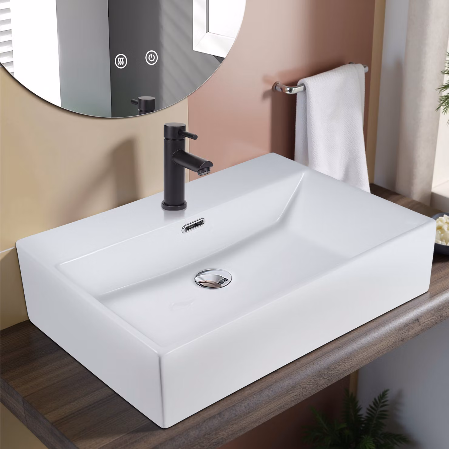 ZMH lavabo in Vetroceramica 60 × 42 × 15 cm lavabo da appoggio lavabo sospeso rettangolare con foro per rubinetto lavabo sospeso per bagno lavabo per toilette ospiti